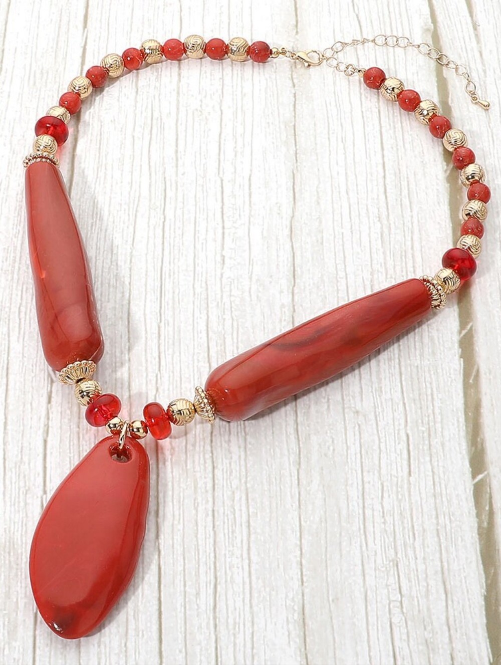 Red Teardrop Resin Stone Beaded Pendant Necklace Bold Chunky Jewelry Gold